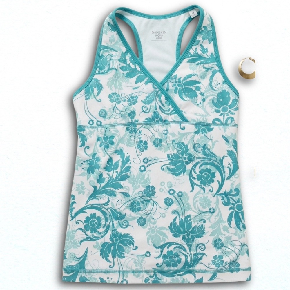 Danskin Now Womens Teal White Floral Racerback Tank Top Built-in Shelf Bra S 4-6